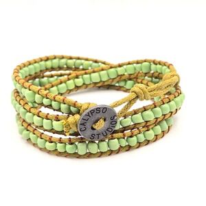 Calypso Studios Beaded Wrap Bracelet Green Glass Beads Adjustable Button Cord